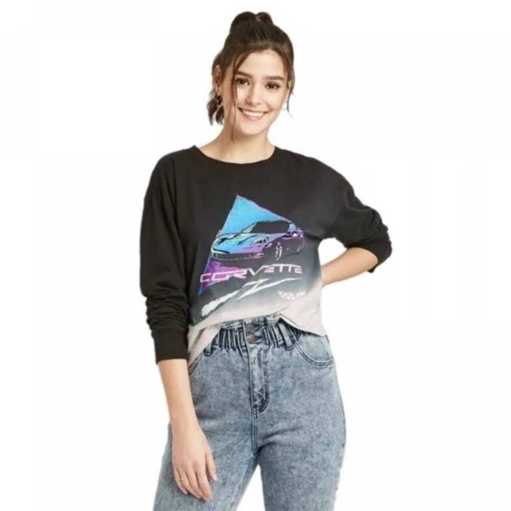 GM Corvette Graphic Black Long Sleeve Tie Dye Dipped Tee Size Small EUC